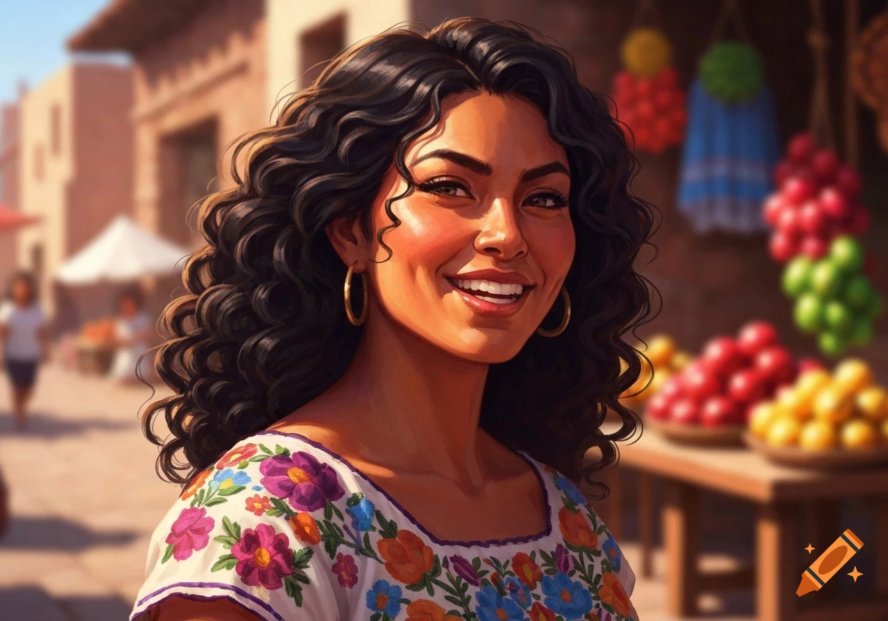 Smiling Latina woman with dark curly hair and gold hoop earrings, wearing a floral embroidered top in a bright outdoor market illustration.