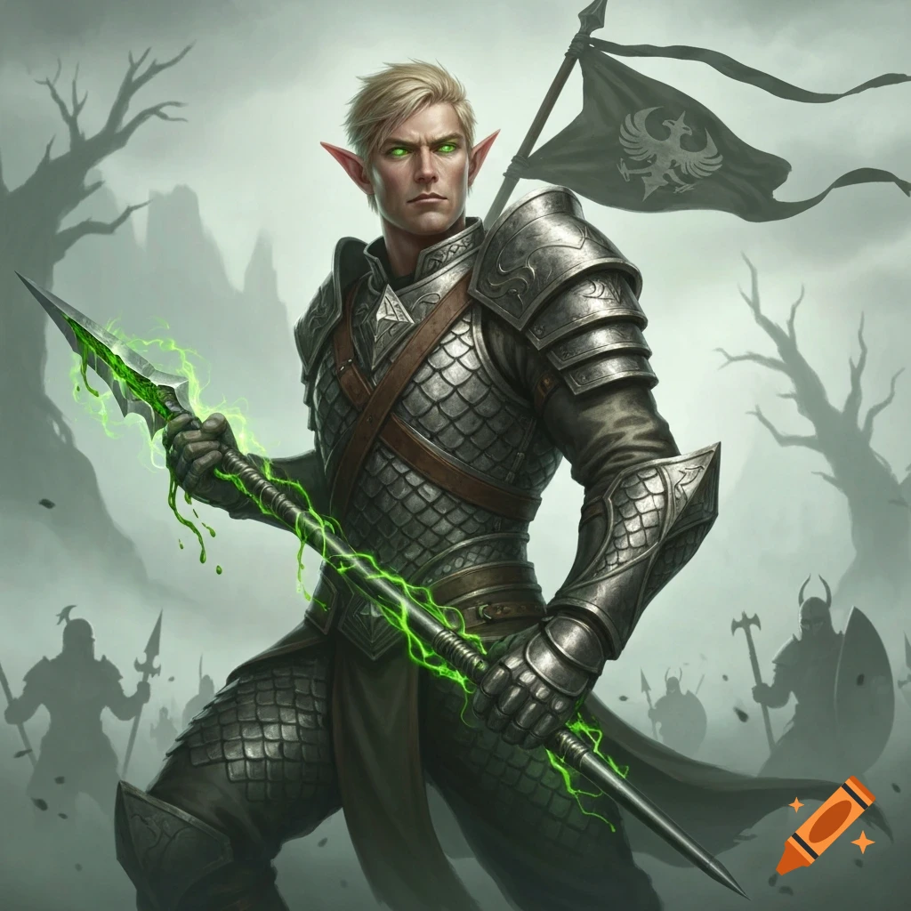 Blonde male elf warrior in scale armor with piercing green eyes, holding a glowing green poisoned javelin on a foggy battlefield with a banner.