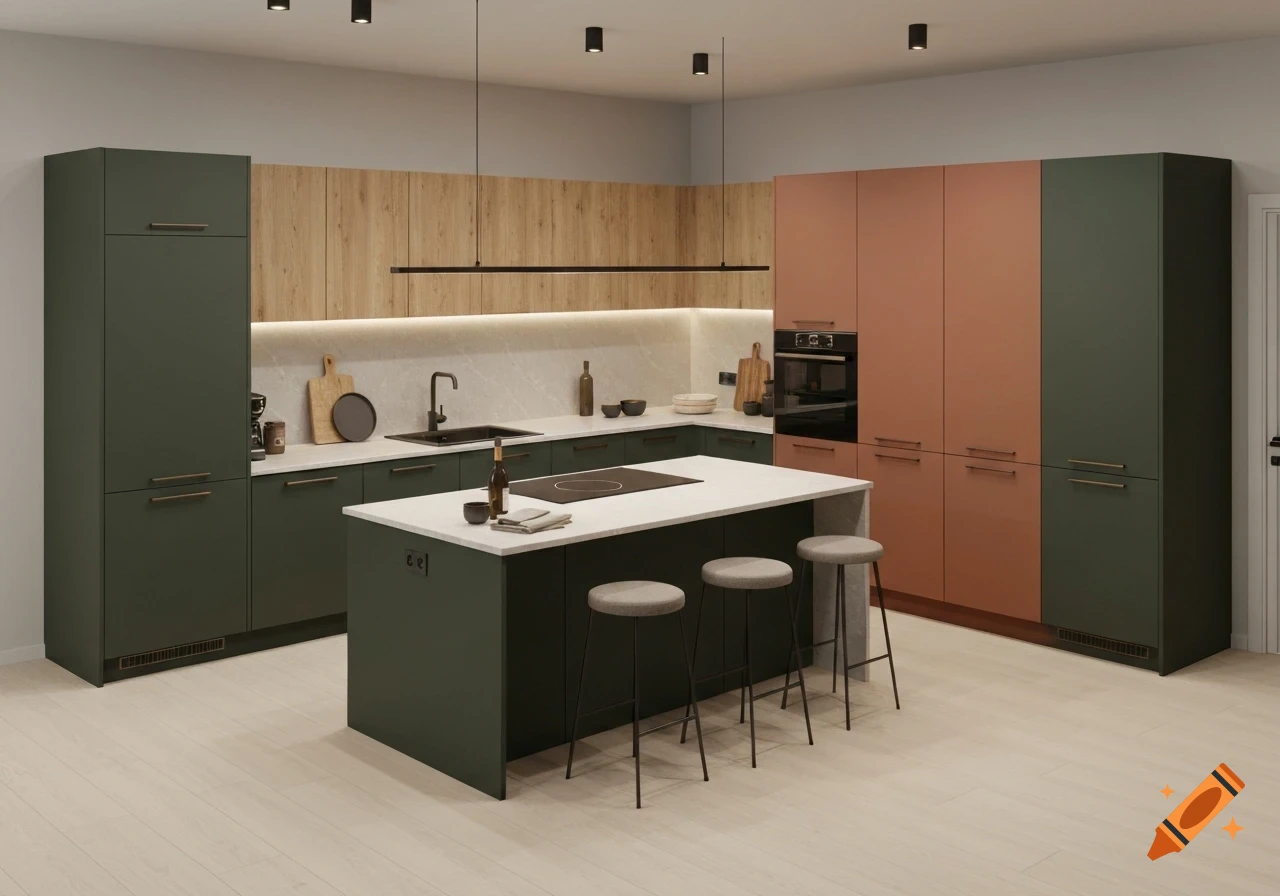 A modern kitchen with dark green and rose-pink cabinetry, wood-paneled accents, a white island with bar stools, and sleek lighting.