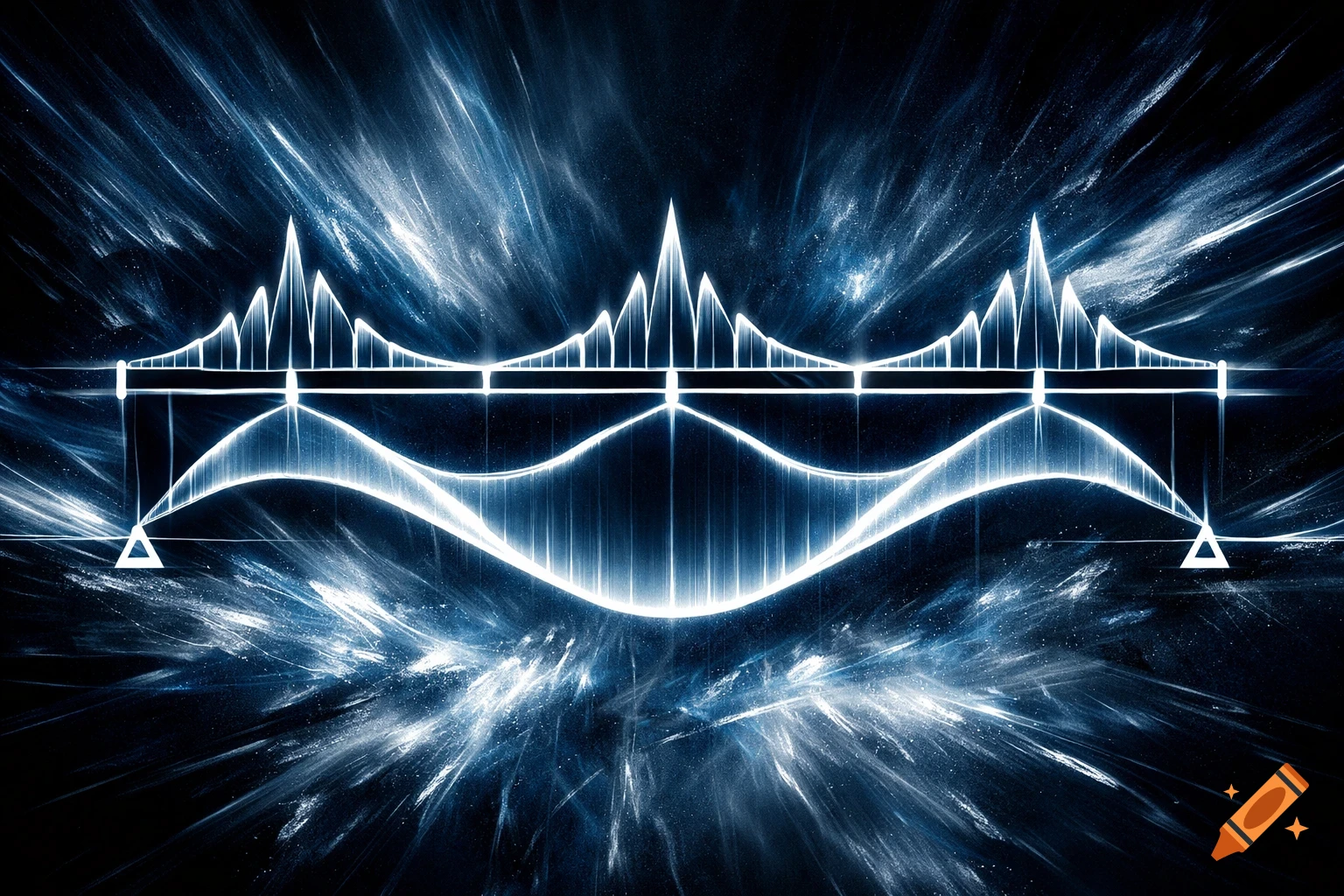 Abstract glowing engineering diagram of a multi-span beam's shear force and bending moment with a starry background.