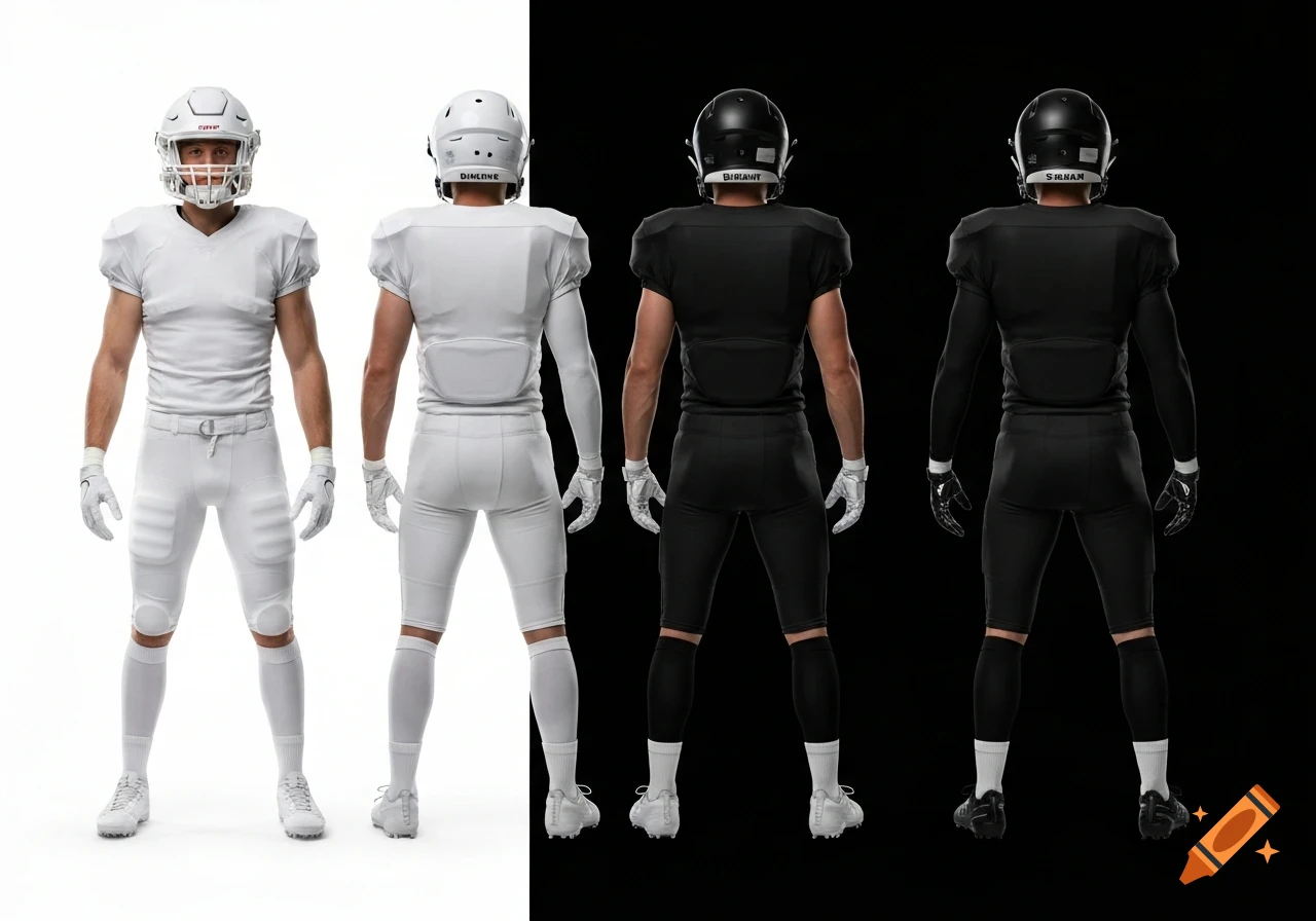 Four American football players in full uniform, two in white facing front and back on a white background, and two in black facing front and back on a black background.