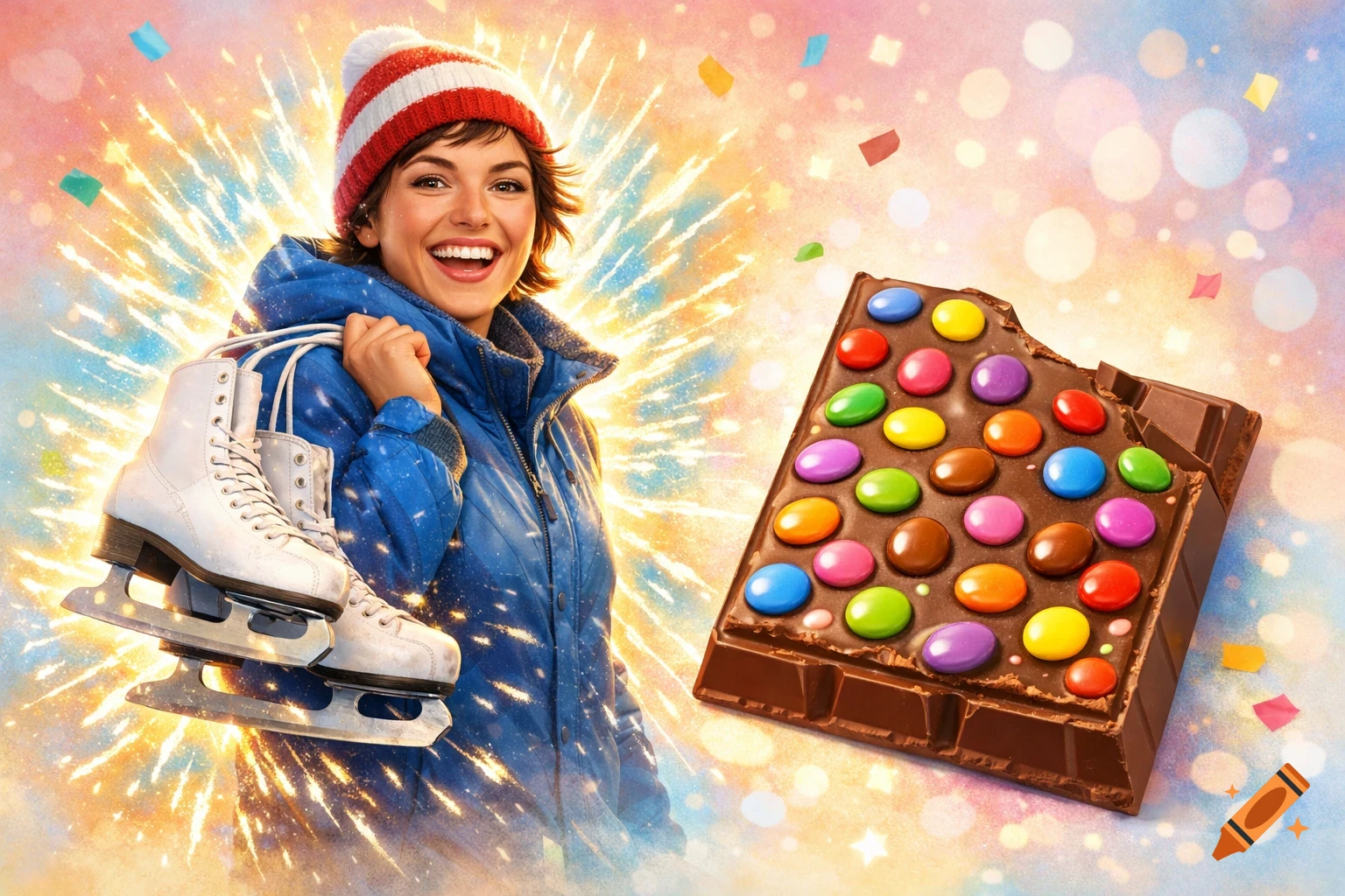 Smiling woman in a winter hat and blue jacket, holding white ice skates over her shoulder, next to a chocolate bar with colorful candies, against a festive sparkly background.