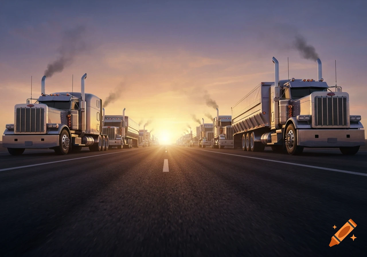 Multiple semi-trucks line a highway at sunrise or sunset, with a bright sun on the horizon.