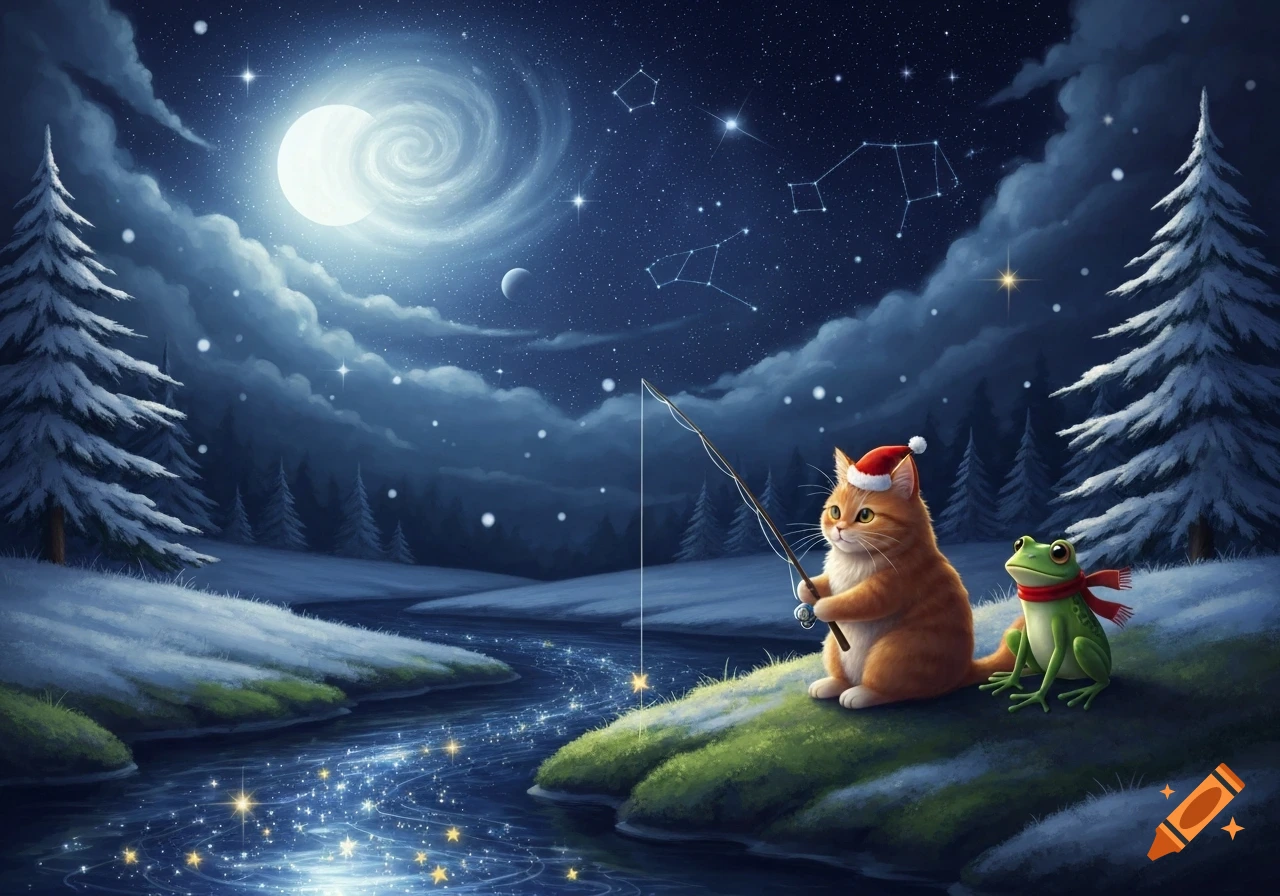 A cute cat wearing a Santa hat fishes for stars with a frog friend on a snowy, moonlit night.