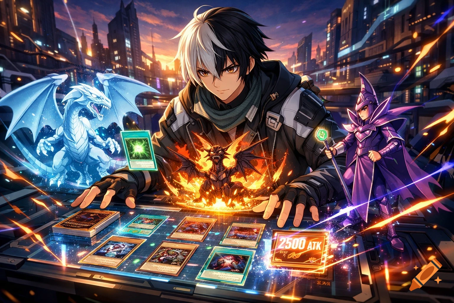 Anime-style character playing a card game with holographic monsters like a blue-eyes white dragon and a dark magician in a futuristic city.