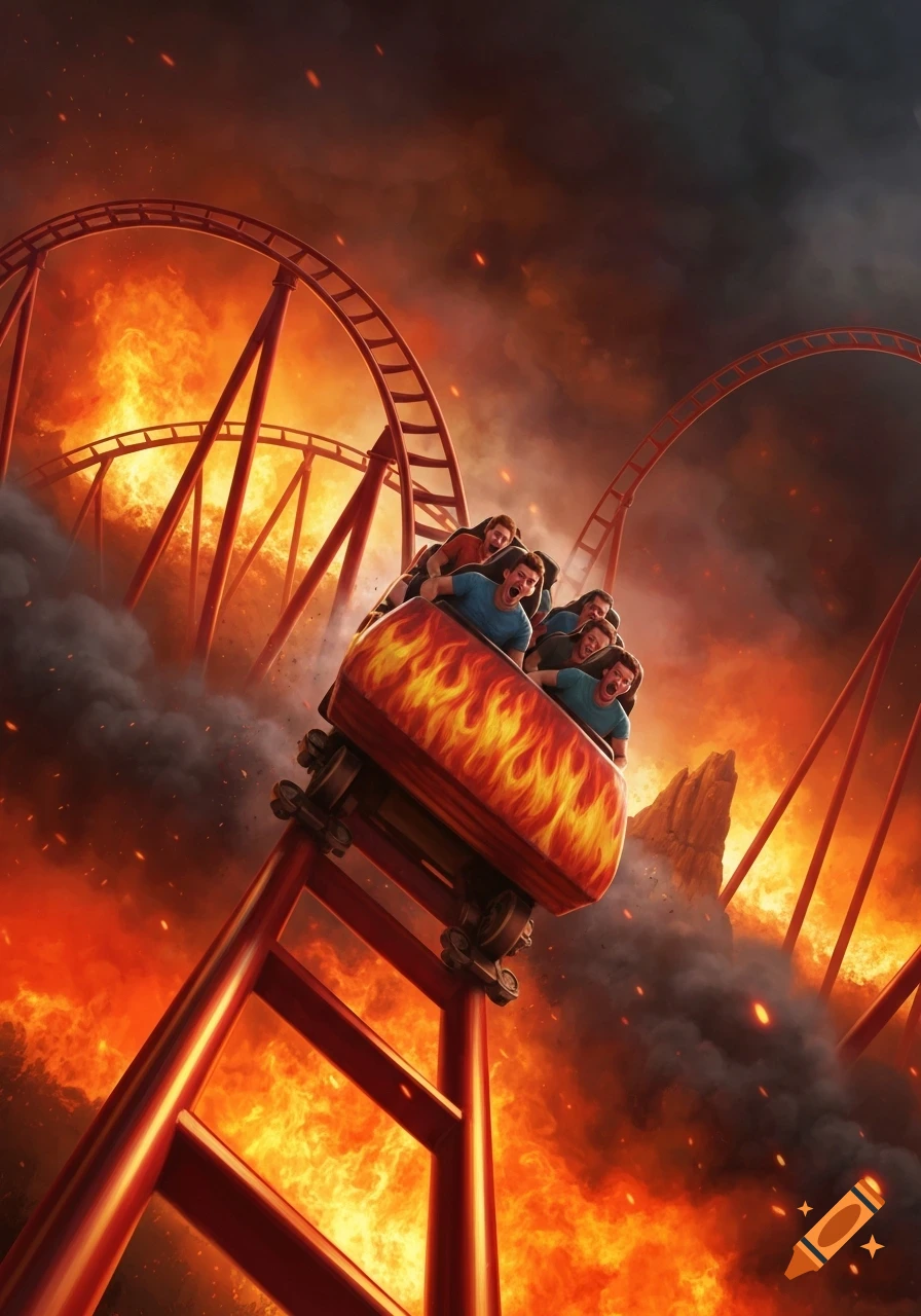 An illustration of a rollercoaster car with screaming riders speeding down a track amidst a wildfire and smoke.