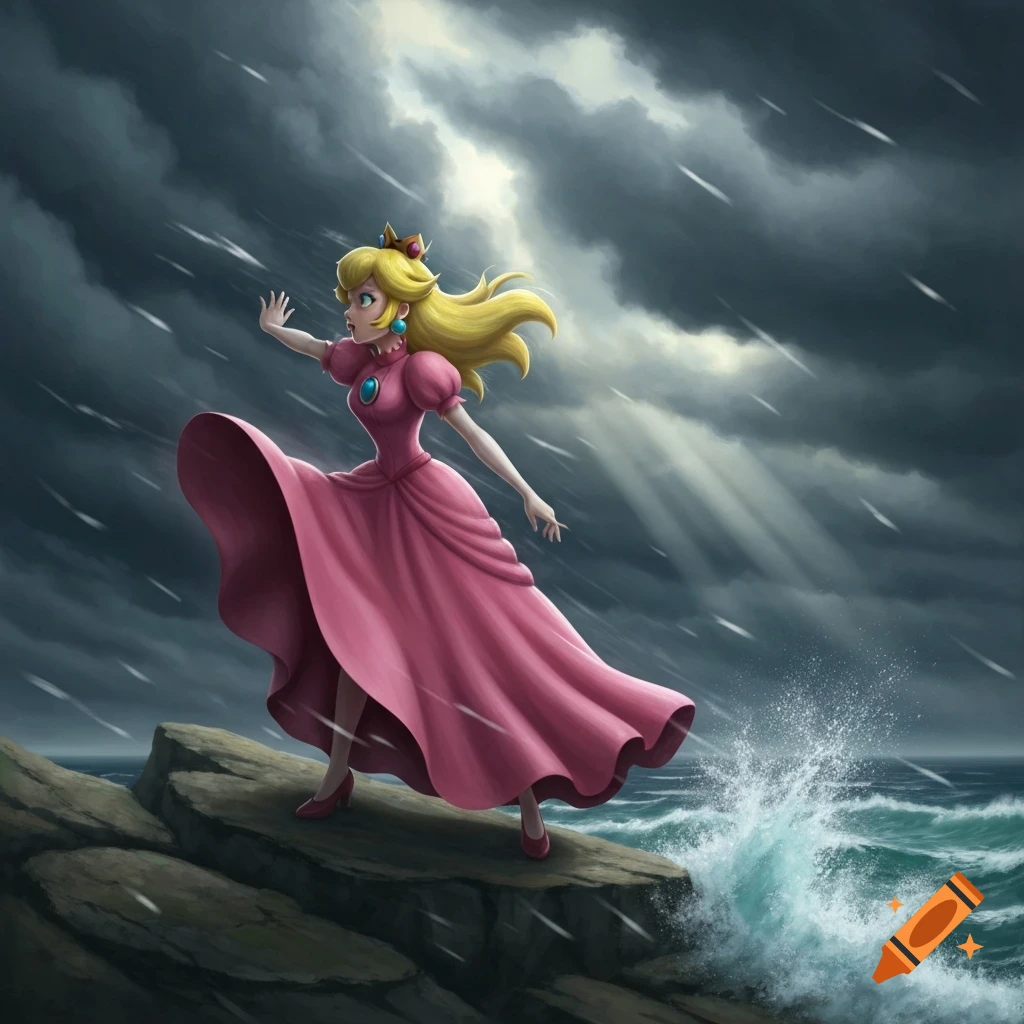 Princess Peach struggles against strong winds on rocks by a stormy ocean under a dark, raining sky with rays of light.