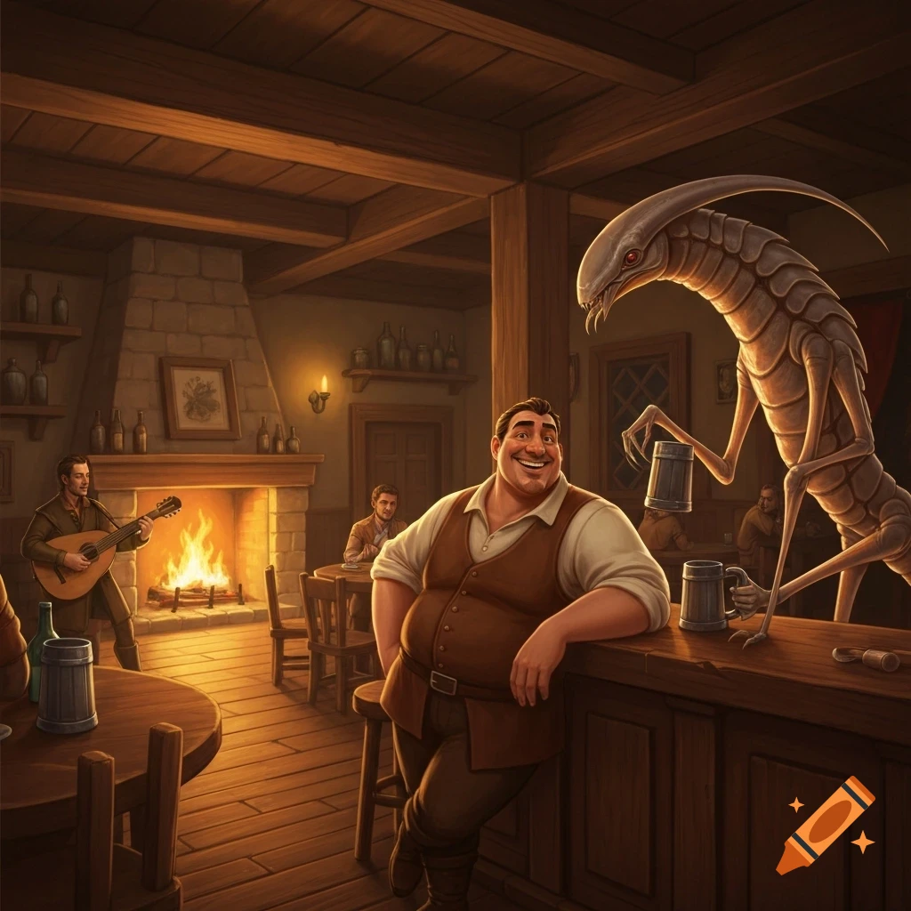 A friendly innkeeper leans on a bar, smiling at a tall insectoid creature holding tankards in a cozy, firelit tavern with a bard playing guitar.