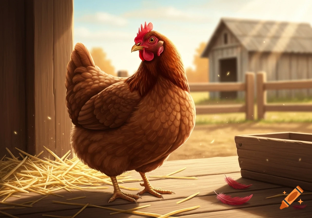 A brown chicken stands on a wooden platform with straw, looking towards a blurred farm building in the background under a bright sky.