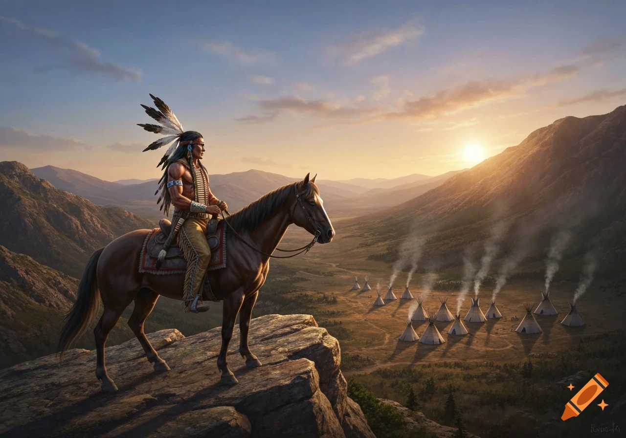 Photorealistic painting of a Native American warrior on horseback overlooking a valley with teepees at sunset.