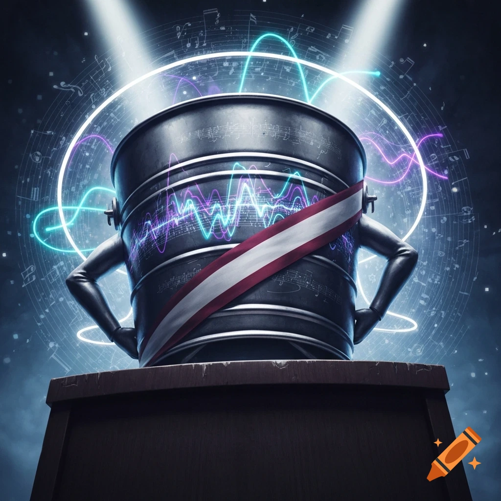 A metal bucket with human arms, wearing a red and white sash, stands on a podium amidst glowing musical notes and sound waves, illuminated by spotlights.