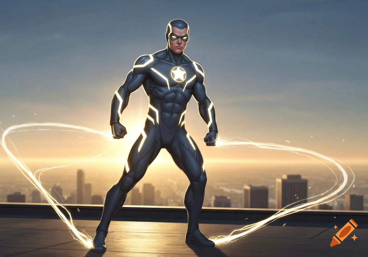 A powerful superhero in a black and glowing yellow suit stands on a rooftop with energy trails, a city skyline at sunset in the background.