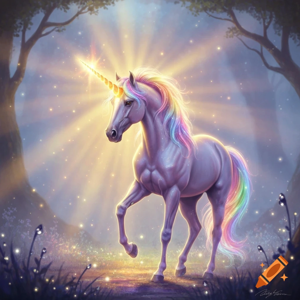 A majestic unicorn with a flowing rainbow mane and tail stands in a mystical forest, its golden horn glowing brightly as light rays shine through the trees.