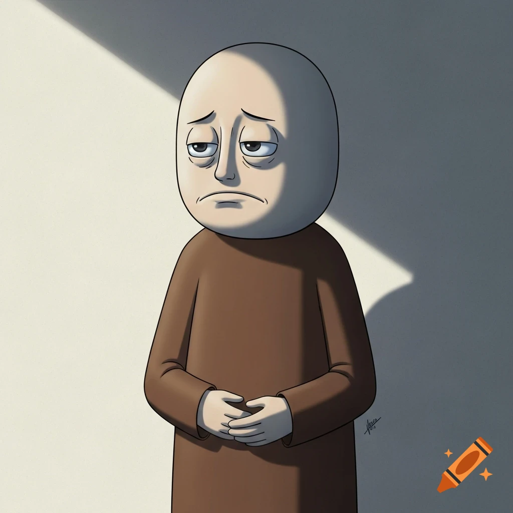 Cartoon illustration of a sad, bald Wojak character in a brown robe, standing in a dimly lit room with a sunlit wall.