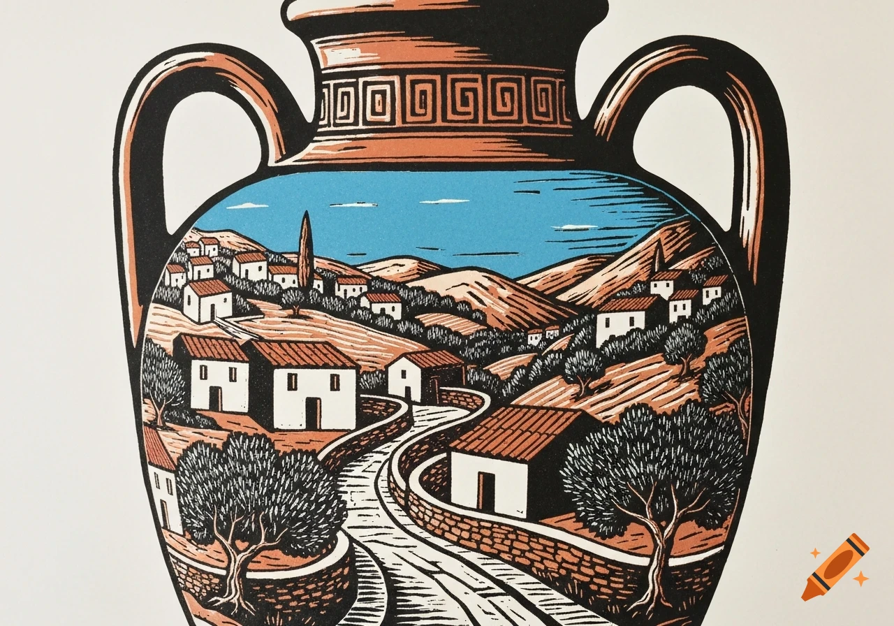 Lino cut illustration of a Greek vase containing a village scene with houses, winding road, and hills.
