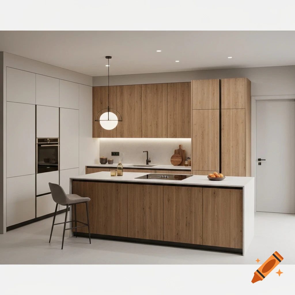 A modern kitchen with wood and white cabinets, a kitchen island with a cooktop, an oven, and a single bar stool.