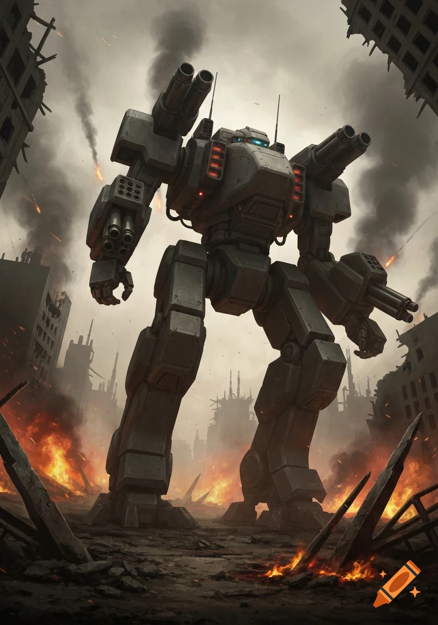 A heavily armed grey mech stands amidst a destroyed, burning city under a smoke-filled sky, in a detailed digital art style.