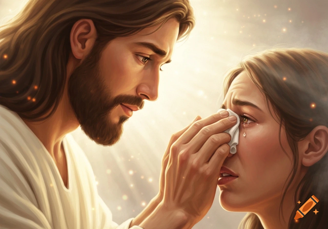 Jesus gently wipes tears from a crying woman's face under golden light, in a spiritual painting style.