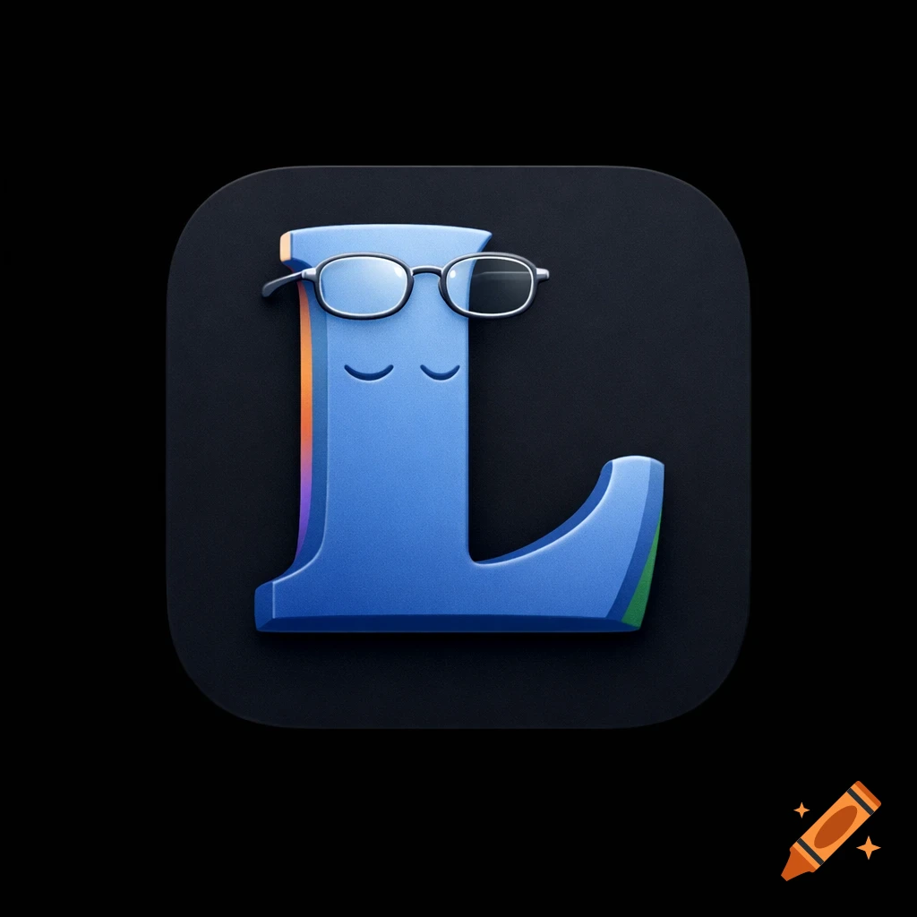 A modern, minimalist app icon featuring a blue, semi-3D capital letter L wearing teacher-style glasses, with subtle color accents on a dark background.