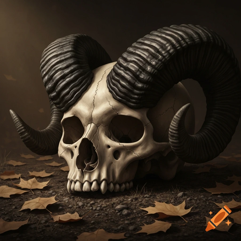 Detailed skull with large, dark curled ram horns resting on dark earth with scattered autumn leaves.