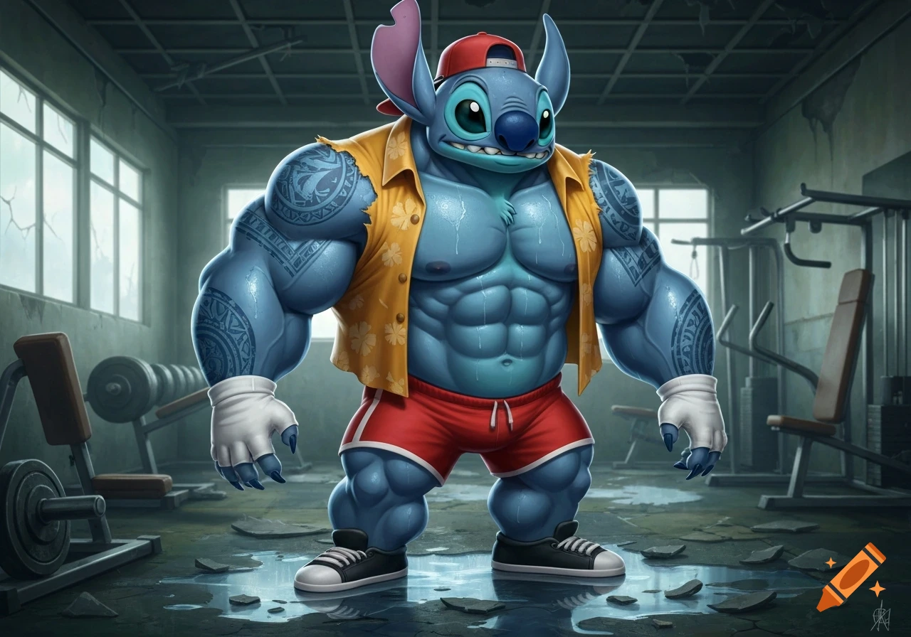 Massively muscular Stitch from Lilo & Stitch, with Polynesian tattoos and a ripped Hawaiian shirt, stands in a broken-down gym.