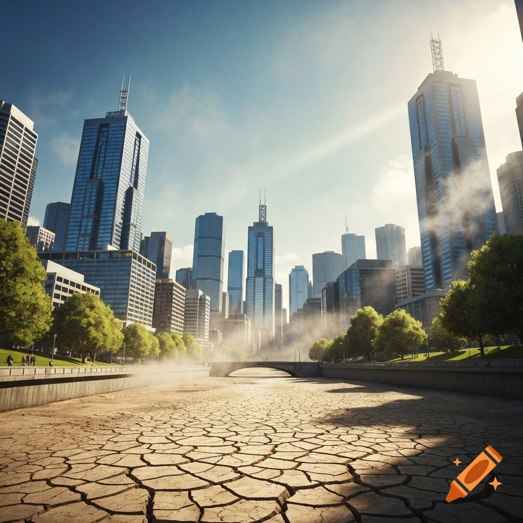 Photorealistic cityscape featuring tall buildings and a wide, cracked dry riverbed with a bridge under a bright sky, conveying drought.