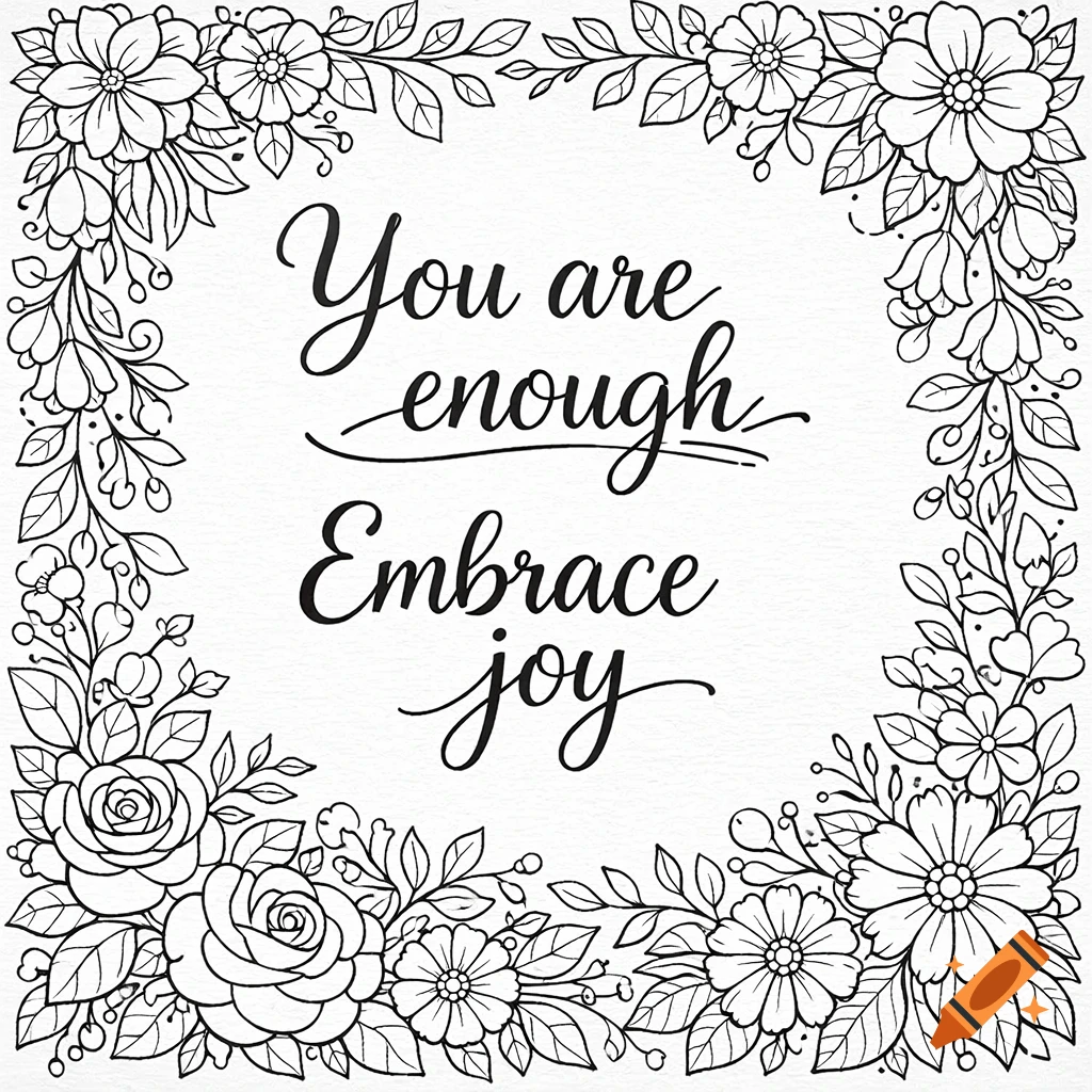 Black and white line art coloring page with "You are enough Embrace joy" surrounded by a detailed floral border.