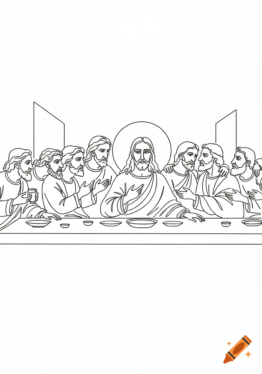 A line art depiction of Jesus and his disciples at The Last Supper.
