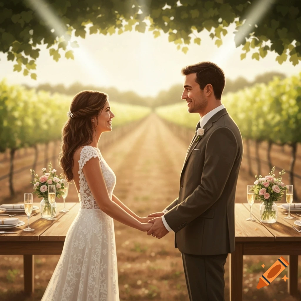 Smiling bride and groom holding hands in a sunny vineyard with tables set for a celebration, photorealistic style.