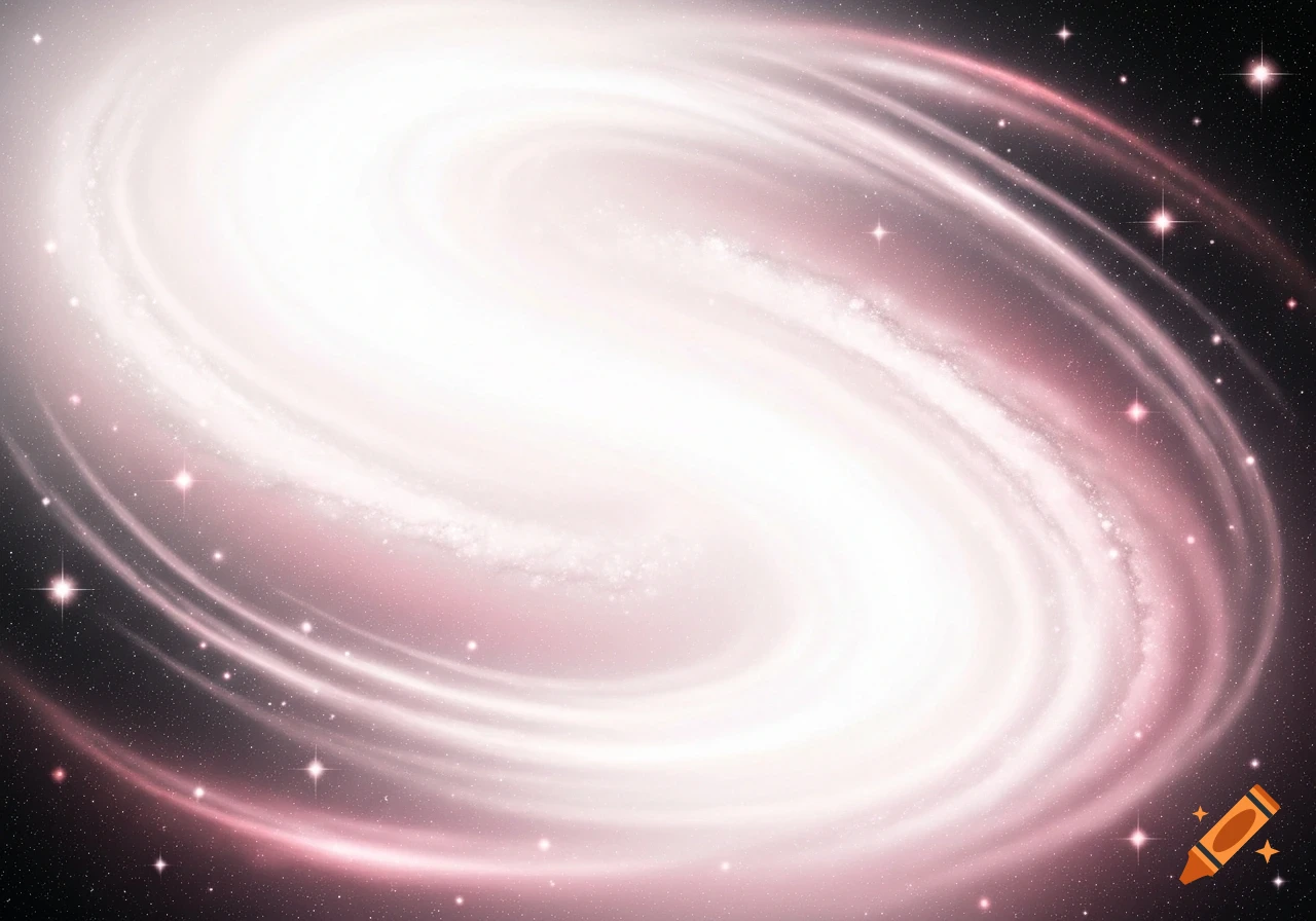 A luminous spiral galaxy swirls with bright white and soft pink hues against a dark, star-filled cosmic background.