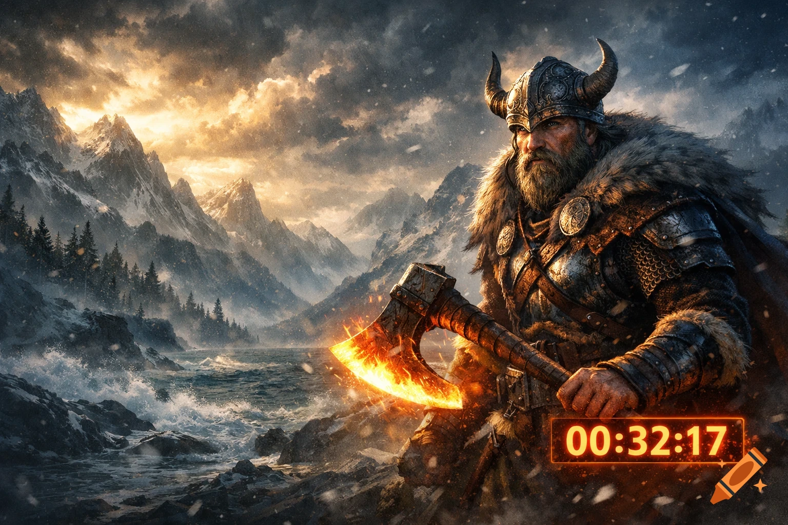 A rugged Viking warrior with a horned helmet and fur cloak holds a glowing axe amidst a snowy mountain and stormy sea landscape, with a digital timer in the corner.