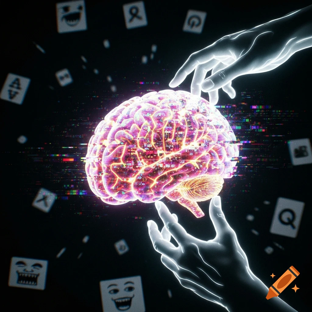 A glowing, glitching brain being touched by two translucent hands, surrounded by floating cards with abstract symbols on a dark background.