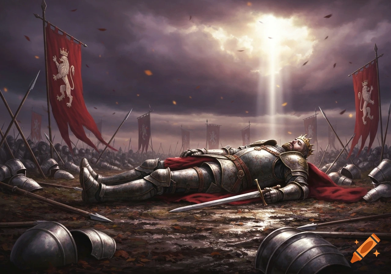 Fallen king in full armor on a muddy battlefield with a sword, surrounded by spears and banners under a dramatic, light-pierced sky.