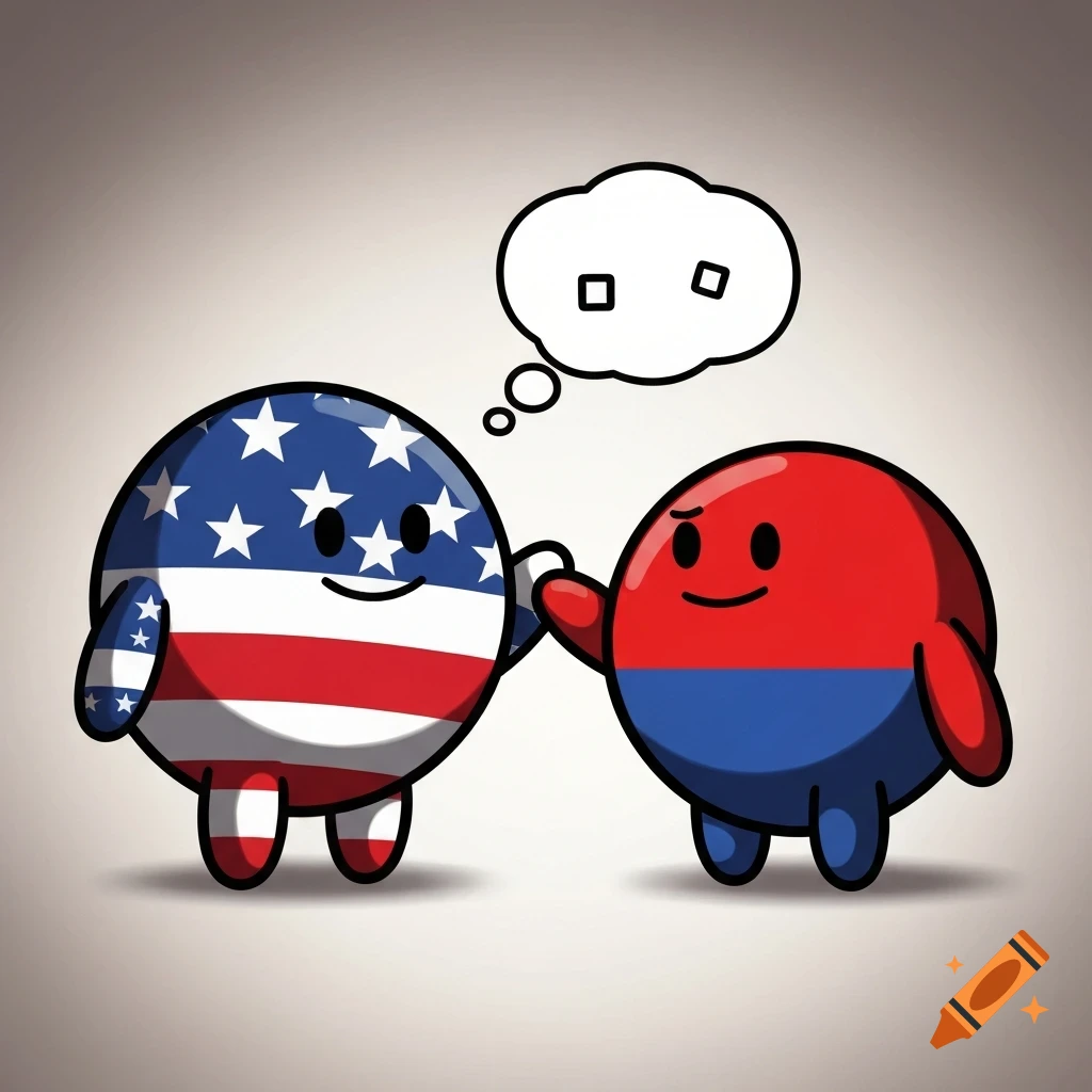 Two smiling cartoon flag characters, one resembling the US flag and the other red and blue, holding hands.
