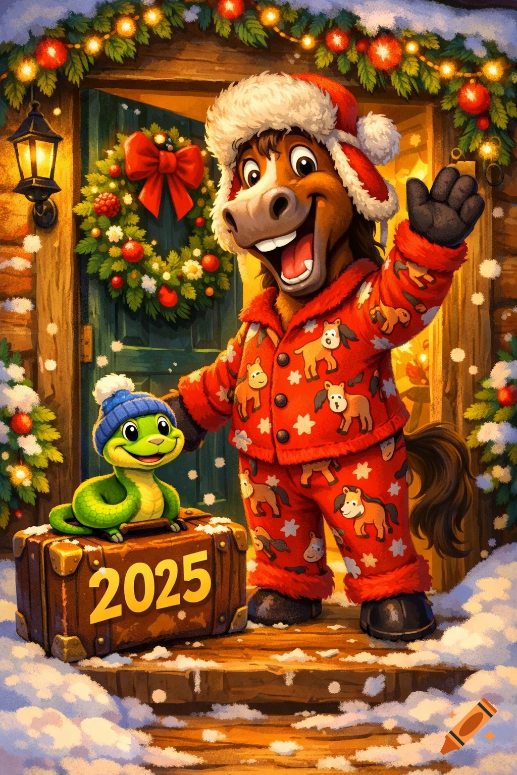 A cartoon horse in red pajamas and Santa hat waves goodbye, standing next to a green snake in a blue hat on a '2025' suitcase, outside a snow-covered, decorated house.