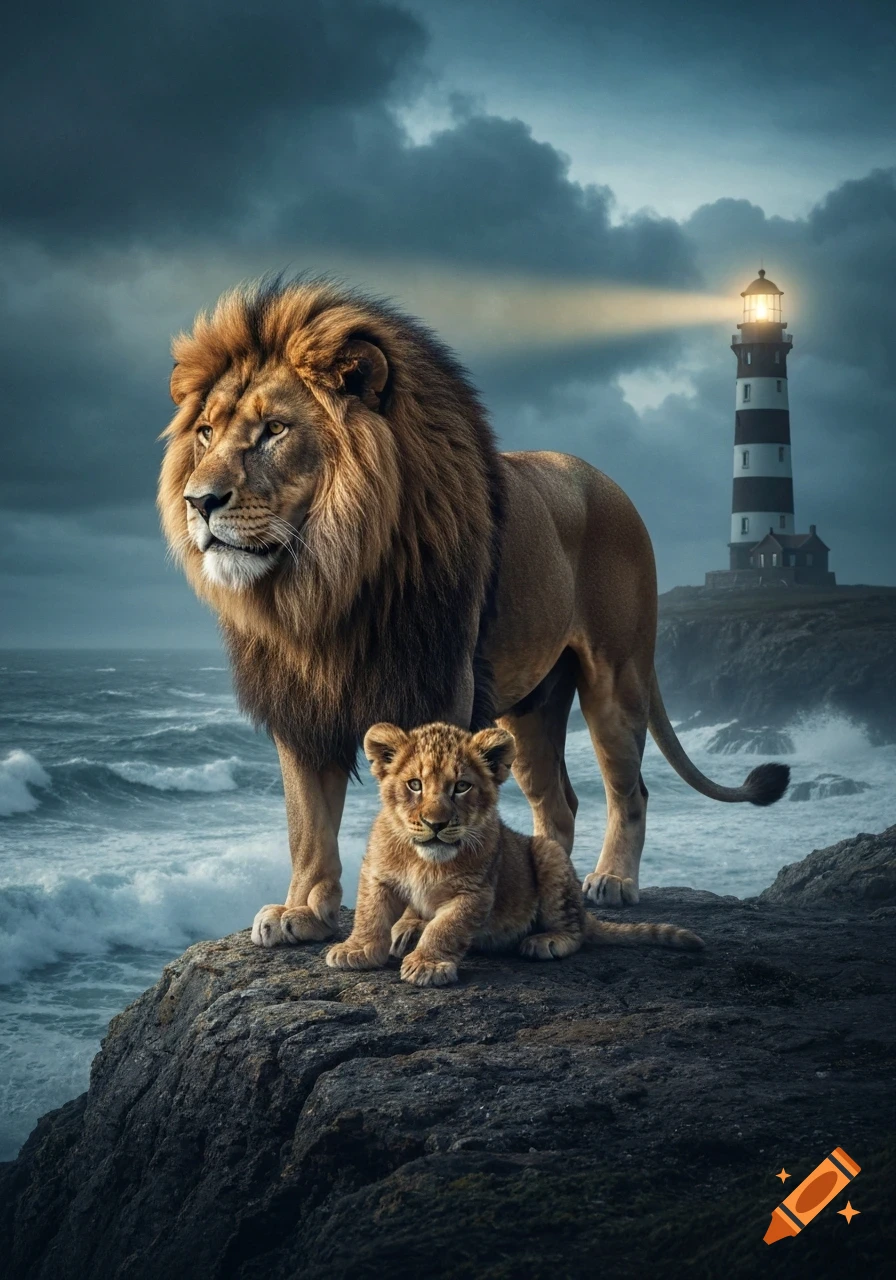 A majestic male lion and its cub stand on a rocky cliff overlooking a stormy sea with a beaming lighthouse in the background.