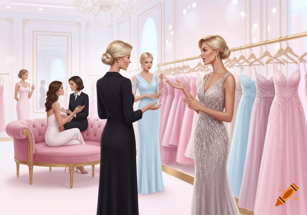 Women in an upmarket boutique browse and discuss stylish evening dresses in a digital painting style.
