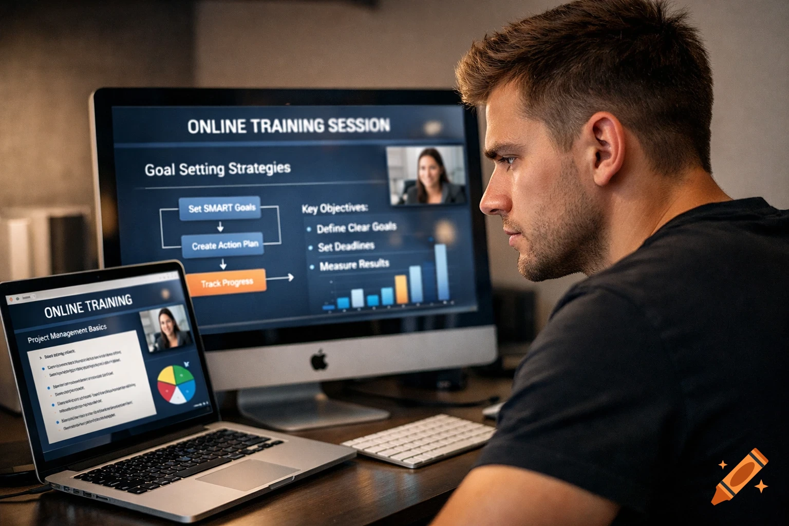 A man sits at a desk, intently watching an online training session on a large monitor and a laptop.