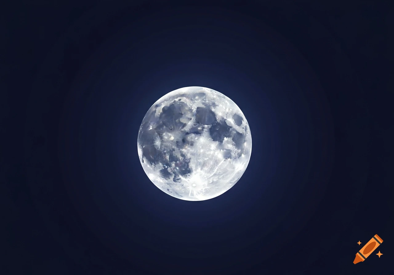 A detailed full moon shines brightly against a dark blue-black night sky, showcasing its craters.