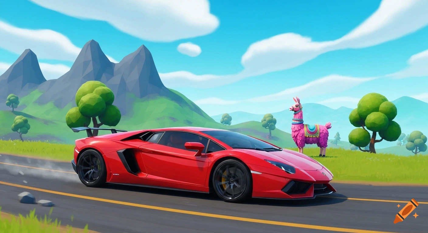A red Lamborghini drives on a road through a stylized Fortnite landscape with simple mountains, trees, and a pink llama.