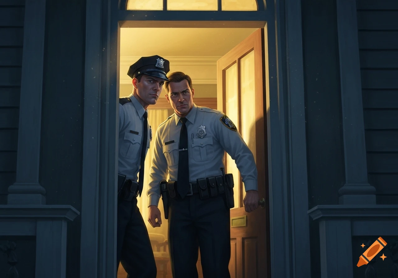 Two serious-looking police officers in uniform stand in a doorway, looking directly ahead, with warm light from inside.