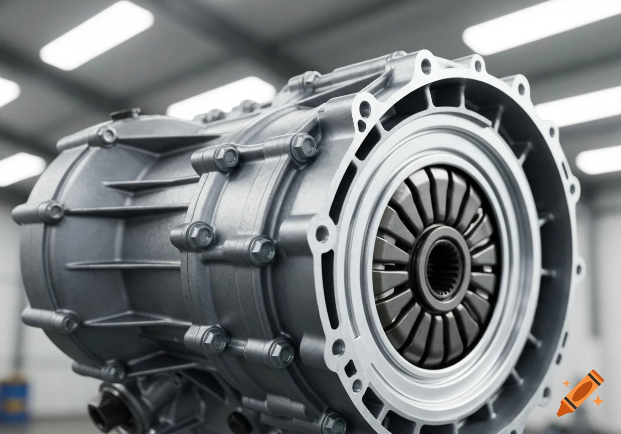 Close-up of a metallic automotive transmission or engine component in an industrial setting.