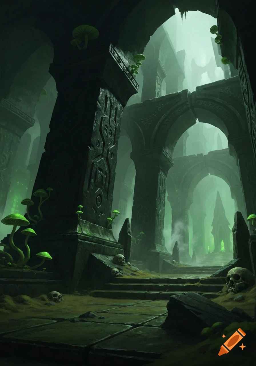 Dark, eerie catacombs with massive stone arches, glowing green mushrooms, and skulls scattered on the ground, in a fantasy style.