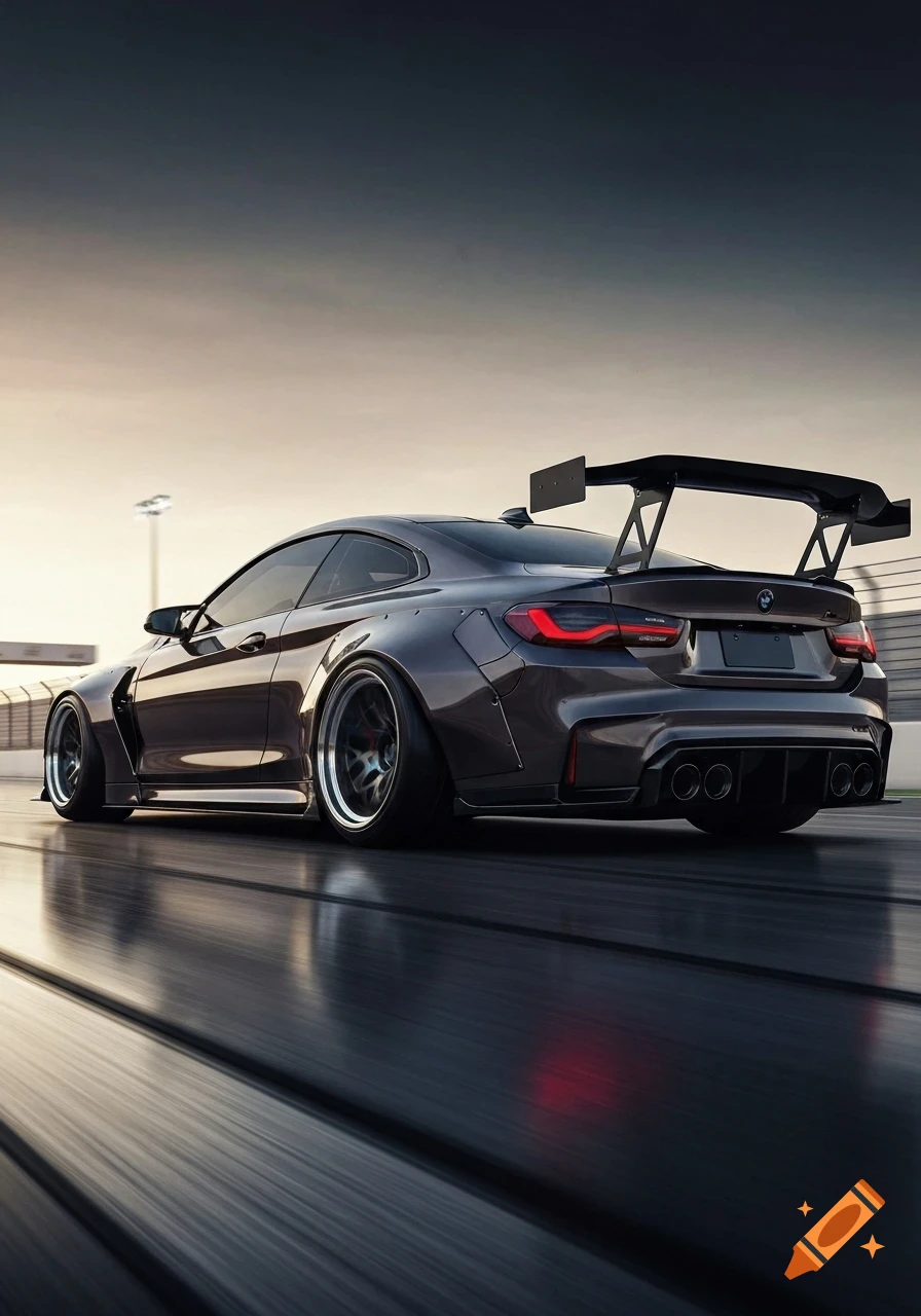 Dark grey wide-body BMW M4 sports car with a large rear spoiler, driving on a road with motion blur under a sunset sky.
