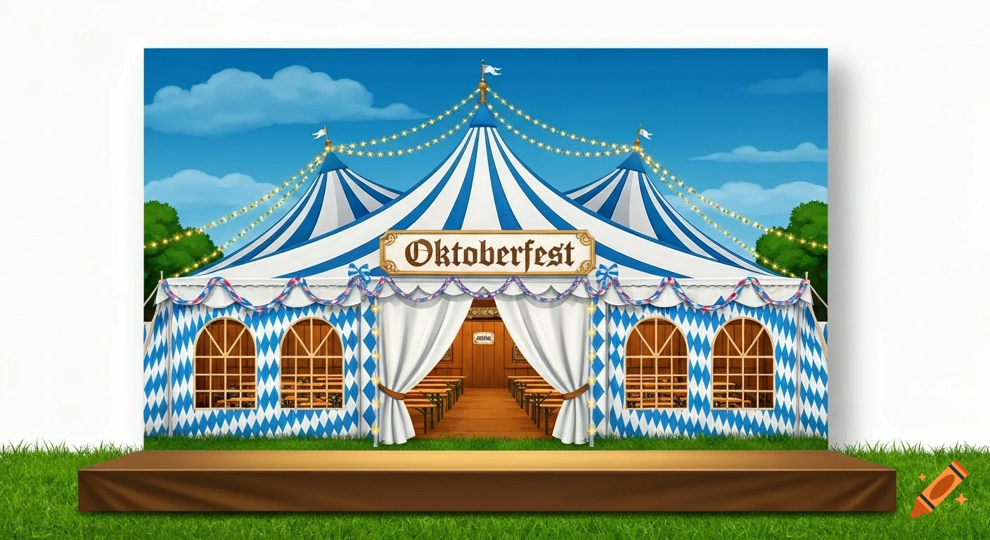 Illustrated Oktoberfest tent, blue and white stripes and diamond pattern, open entrance showing benches inside, on a brown stage with grass.