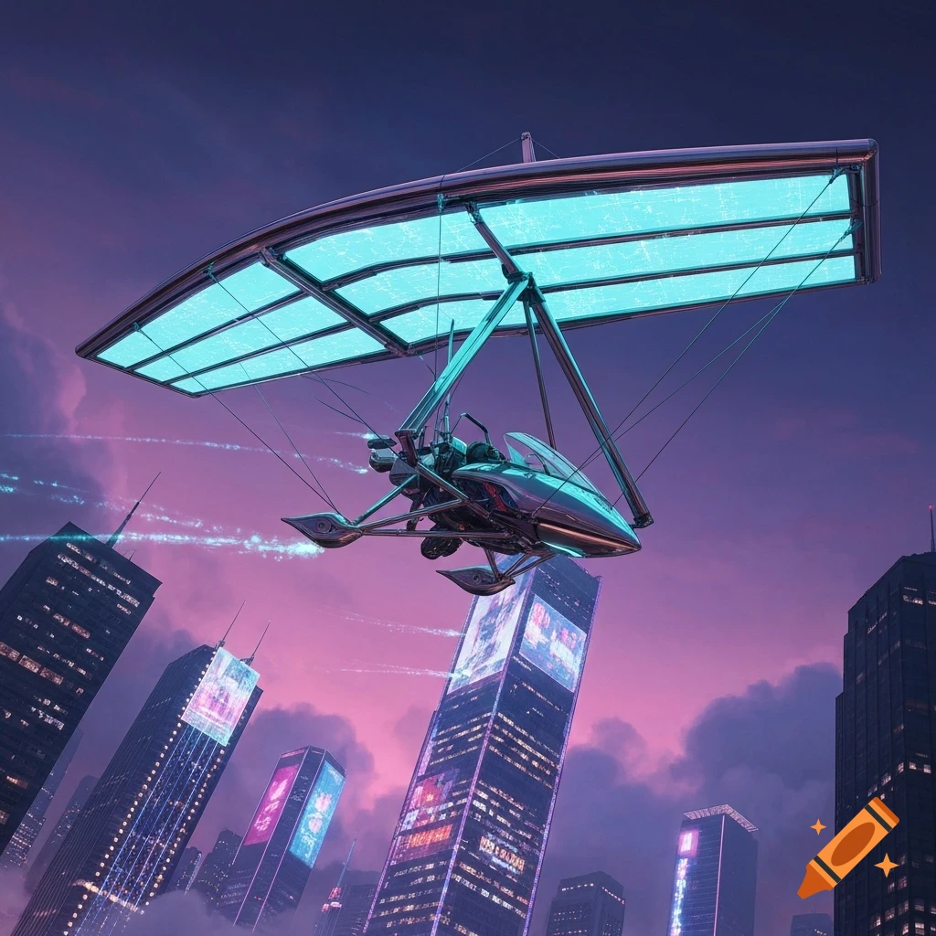 A futuristic chrome hang-glider with glowing cyan wings flies over a vibrant cyberpunk city at dusk, with tall skyscrapers and purple clouds.