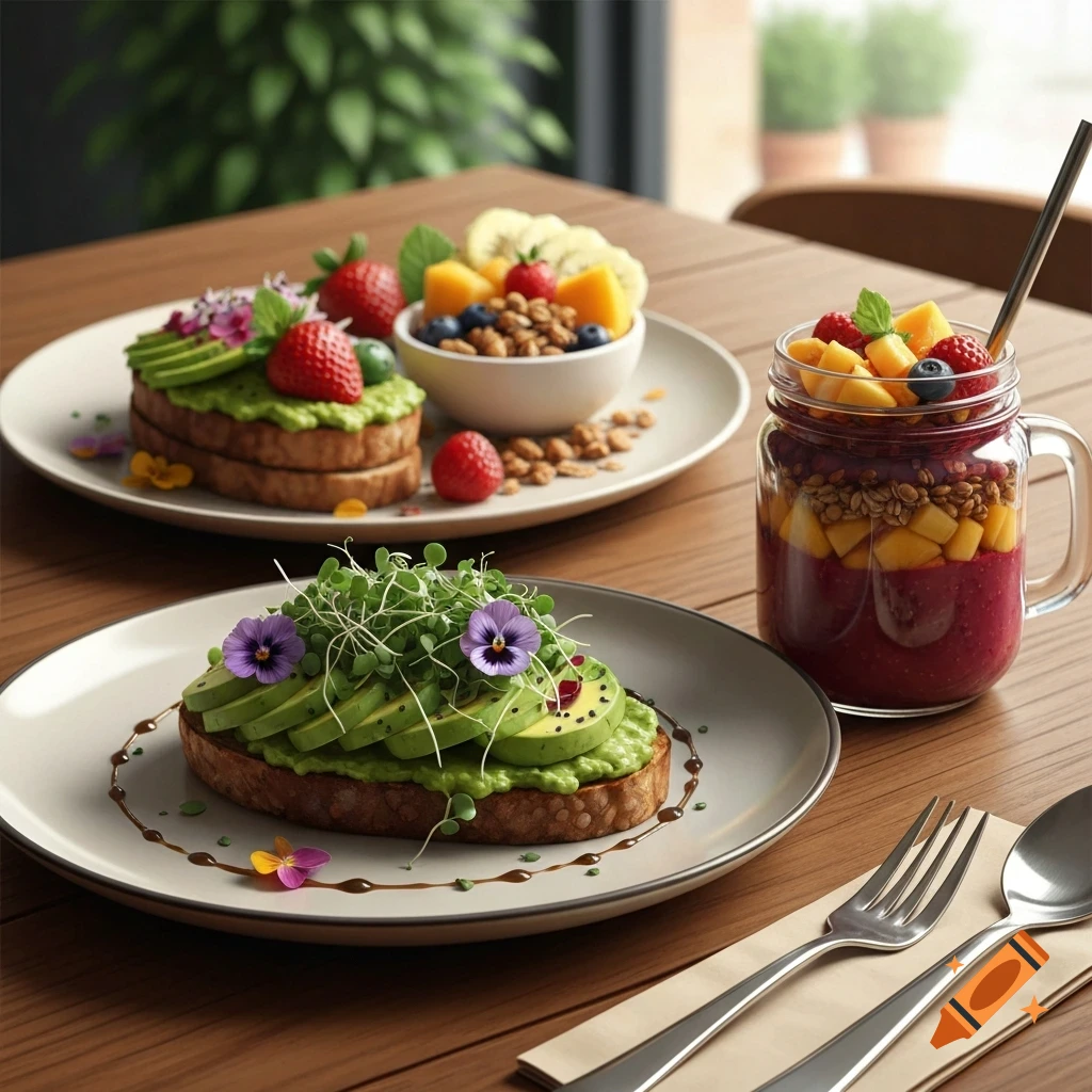 Two plates of avocado toast with microgreens and edible flowers, a fruit and granola bowl, and a layered fruit smoothie in a jar on a wooden table.