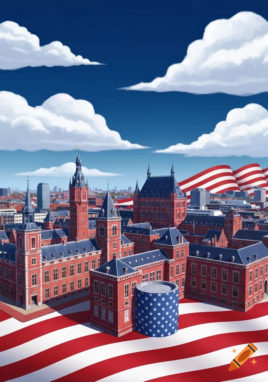 Stylized drawing of a European city with red brick buildings, blue roofs, and US flag patterns covering the ground.