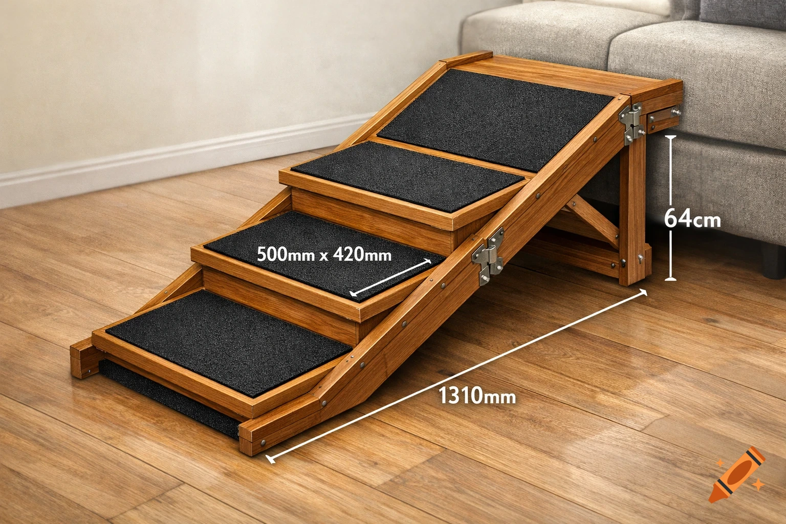 A wooden pet ramp with three black carpeted steps, showing dimensions 500mm x 420mm, 64cm height, and 1310mm length, next to a sofa.