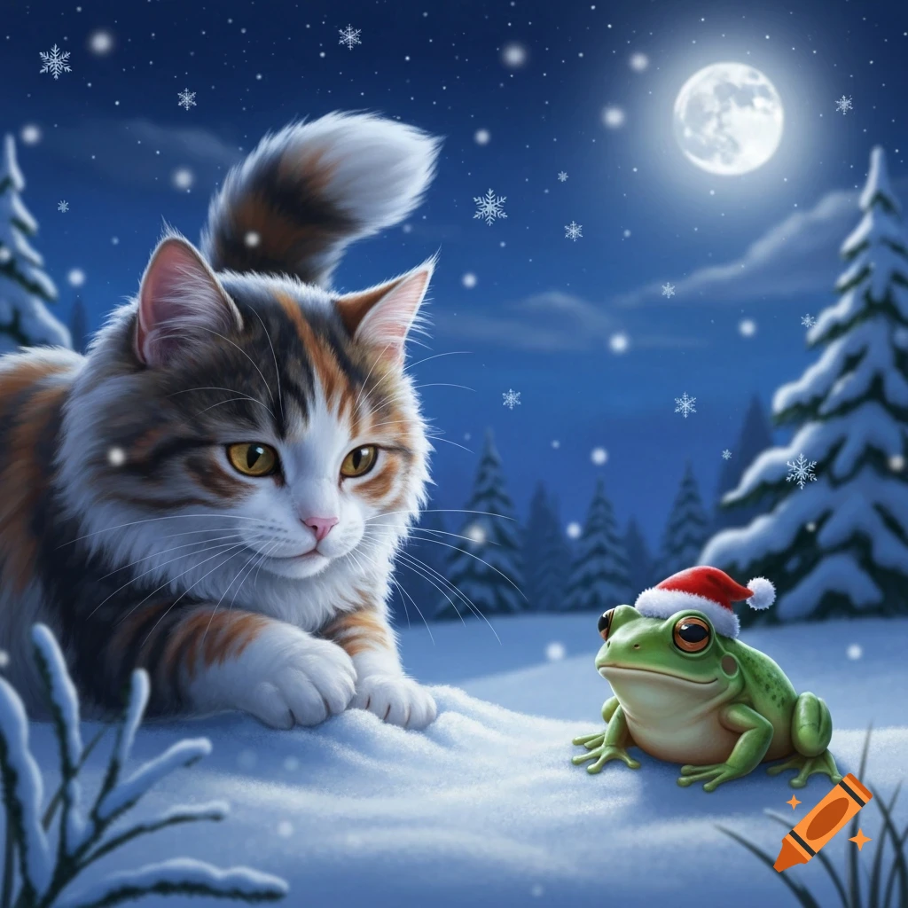 An illustrated calico cat looks at a frog wearing a Santa hat in a snowy, moonlit forest with falling snowflakes.